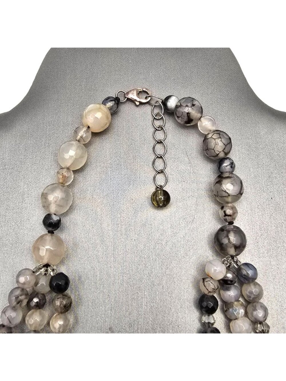 Multi-Strand Dragon Vein Agate Beaded Necklace 16" 925 Silver Clasp Undyed - Picture 5 of 13